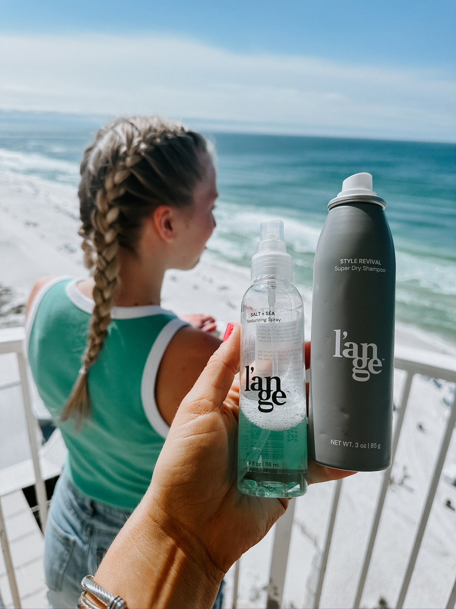 L’ange Salt and Sea Texturizing Spray and L’ange Style Revival Super Dry Shampoo, best vacation hair products, beach waves spray, dry shampoo for volume, travel-friendly L’ange essentials, must-have hair care for shiny healthy strands, easy effortless summer hairstyles