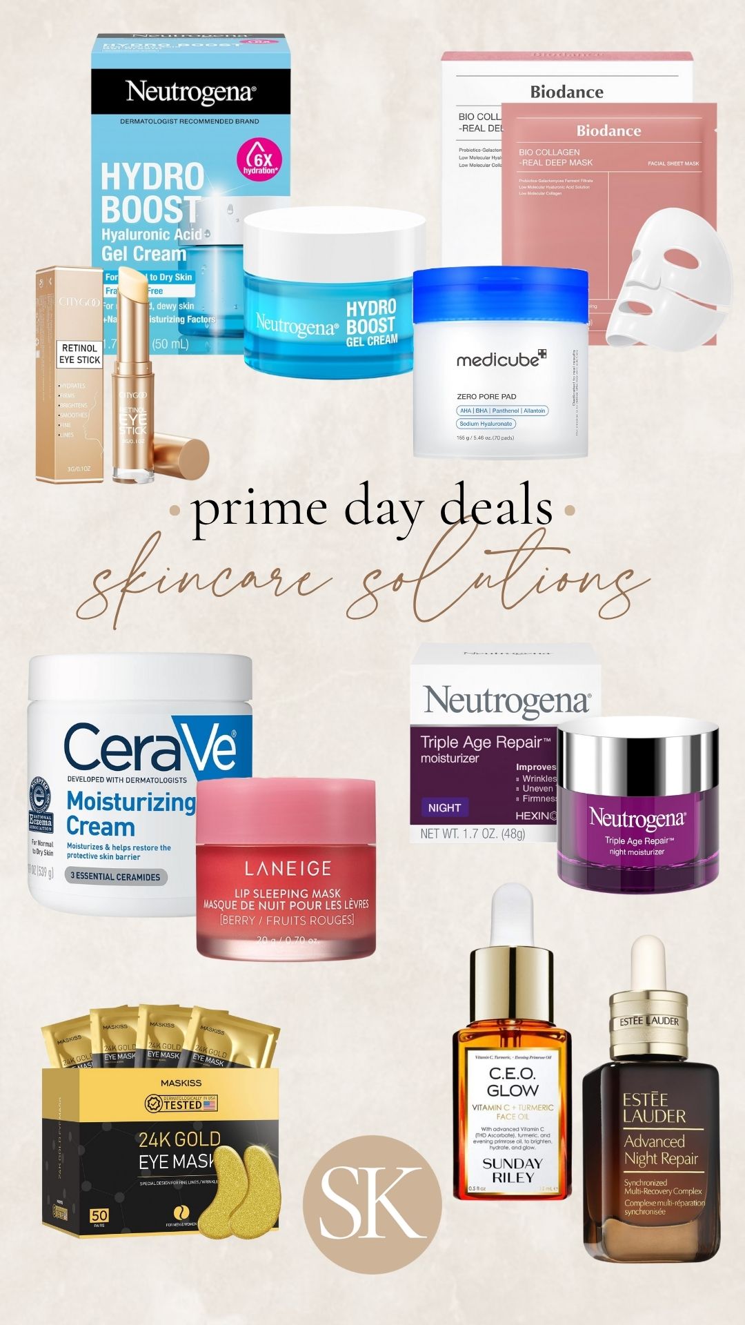 thesavannahk Prime Day skincare deals collage featuring Neutrogena Hydro Boost, CeraVe moisturizer, Laneige lip sleeping mask, Sunday Riley serum and Estee Lauder night repair