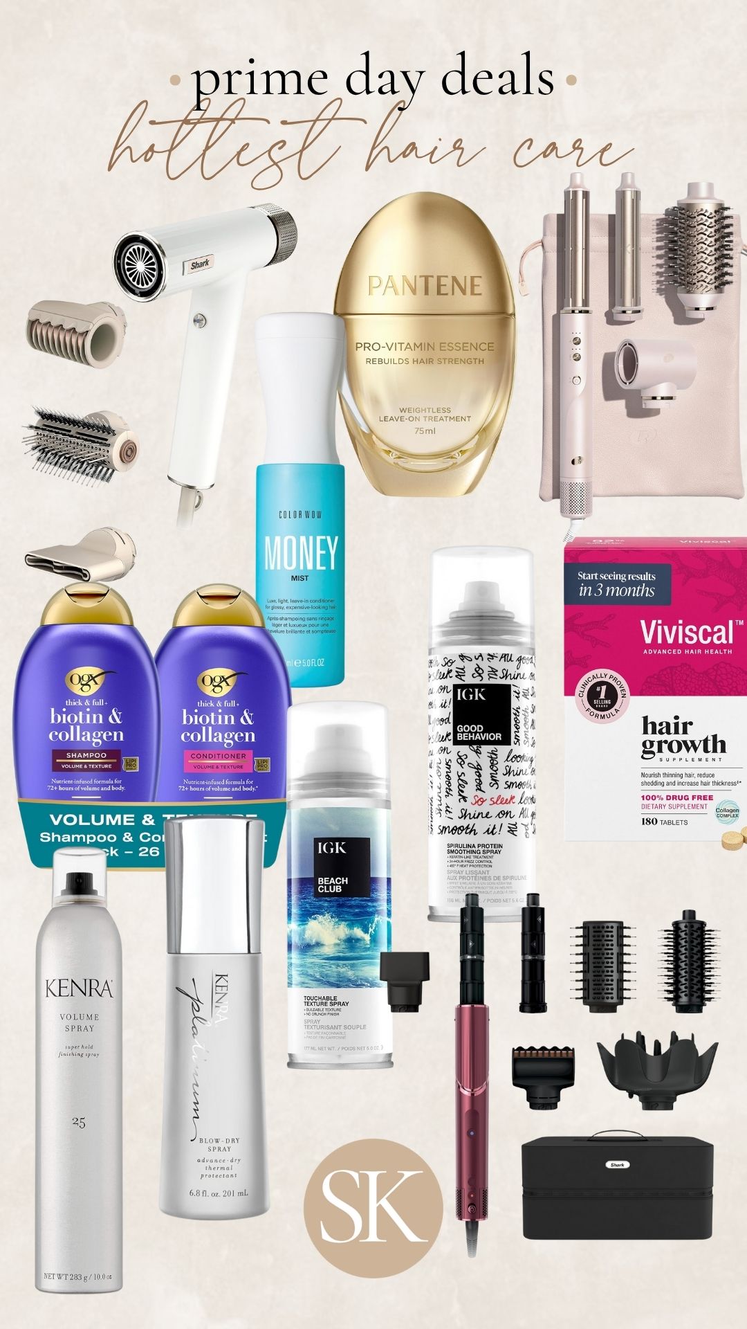 thesavannahk Prime Day hottest hair care collage with Shark styling tools, OGX Biotin and Collagen shampoo, Pantene leave on treatment, Kenra spray and IGK styling products