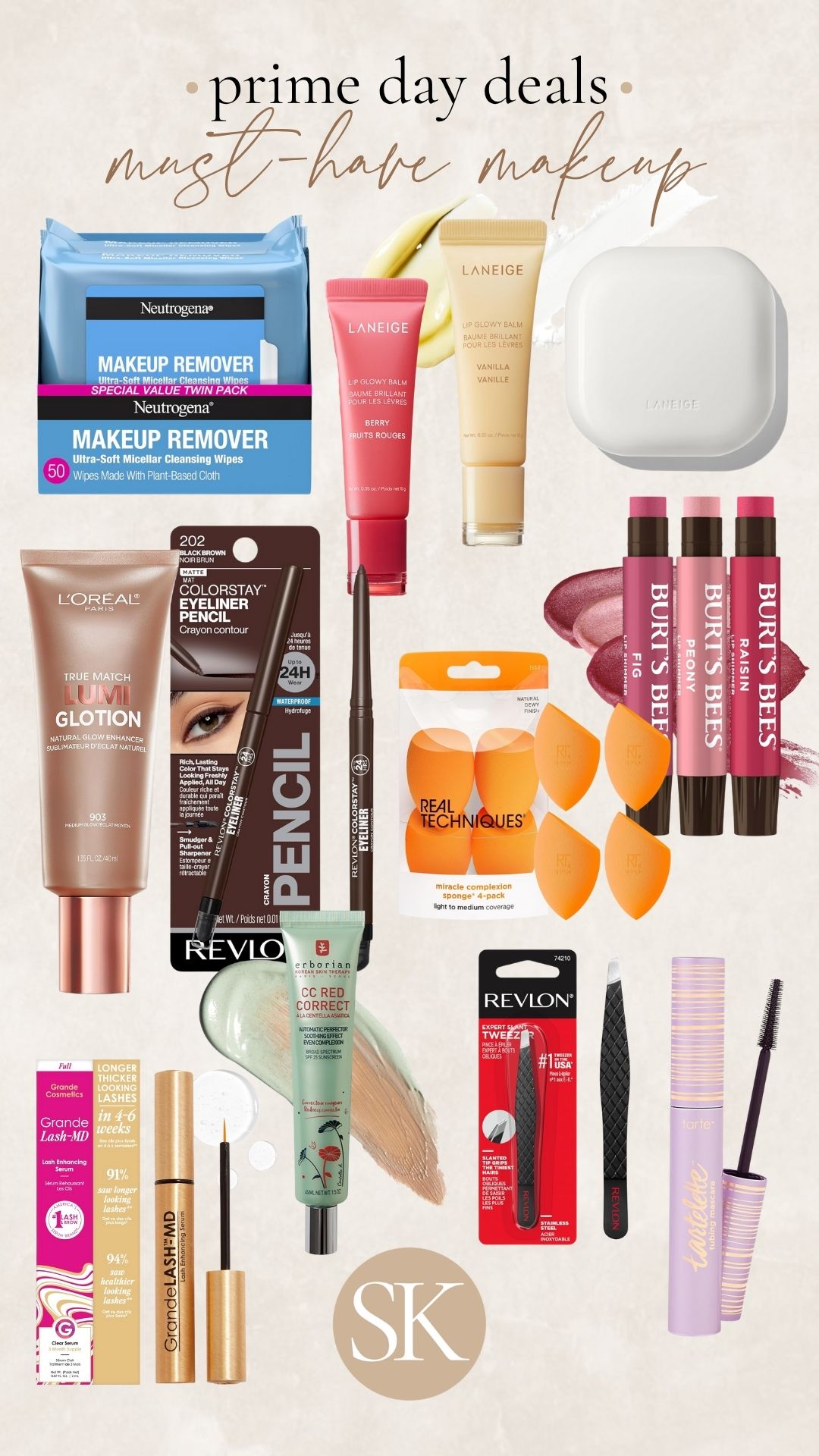 thesavannahk Prime Day must have makeup collage with L’Oreal Lumi Glotion, Laneige lip balm, Neutrogena makeup remover wipes, Burt’s Bees lip crayons, Tarte mascara and Real Techniques sponges