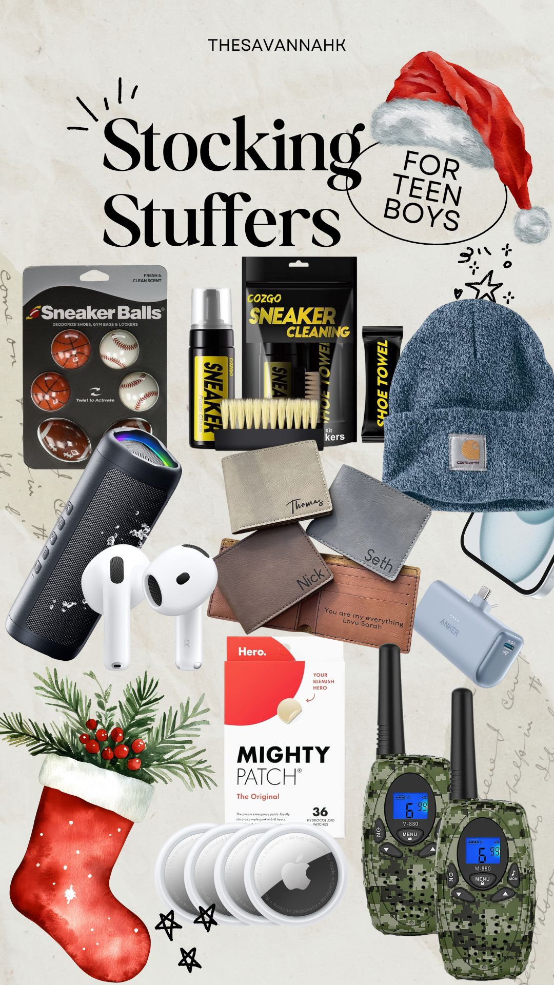 Stocking stuffer ideas for teen boys including wireless speaker, AirPods, wallets, beanie, portable charger, and sneaker cleaning kit.