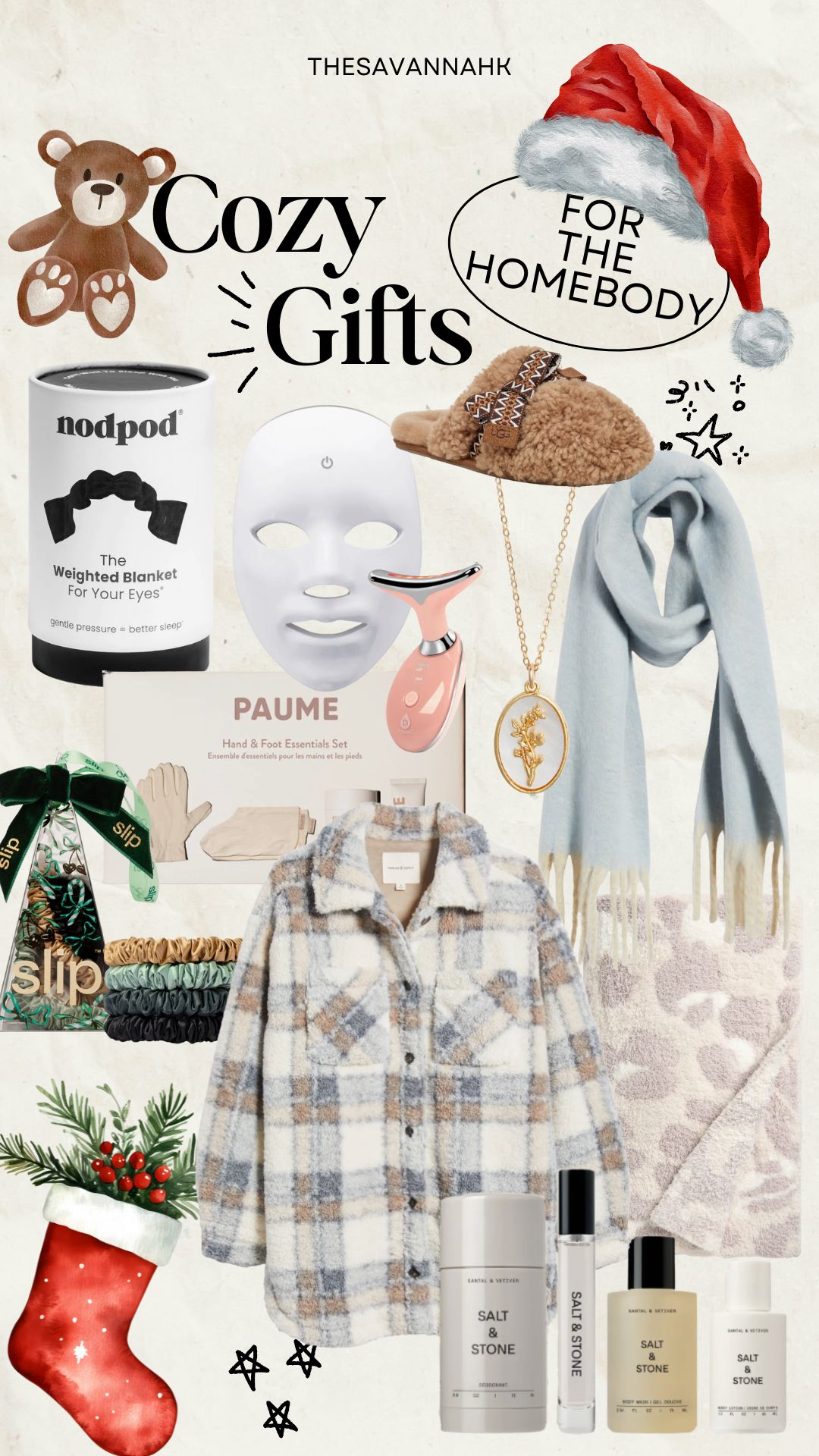 Cozy gift guide featuring UGG slippers, plaid shacket, scarf, Salt & Stone body care, weighted eye mask, and gold floral necklace.