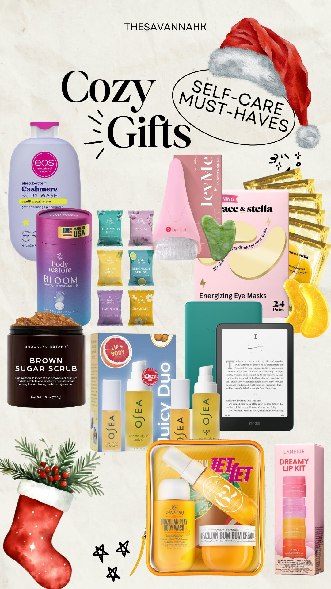 Self-care holiday gift guide with bath and body products, sugar scrub, shower steamers, skincare sets, lip kits, and Sol de Janeiro travel duo.