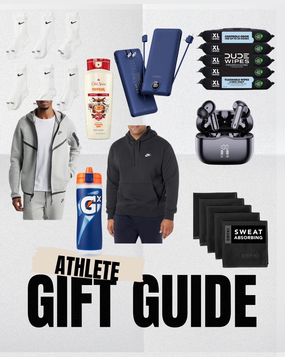 Athlete gift guide featuring Nike hoodie and joggers, Gatorade bottle, wireless earbuds, Old Spice body wash, and workout essentials for men.
