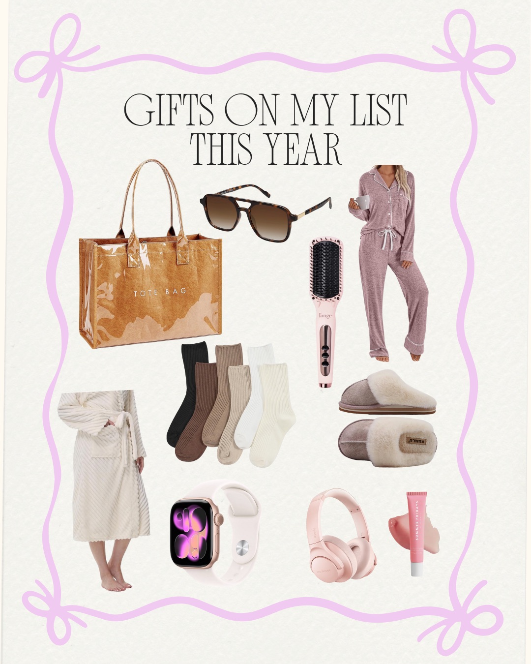Holiday gift ideas for her including cozy pajamas, tote bag, robe, fuzzy slippers, socks, pink headphones, and Apple Watch.