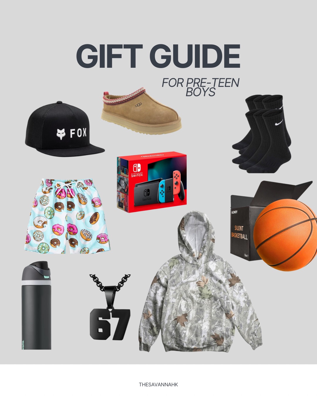 Gift ideas for pre-teen boys featuring Nike socks, UGG slippers, gaming console, basketball, graphic shorts, hat, hoodie, and necklace.