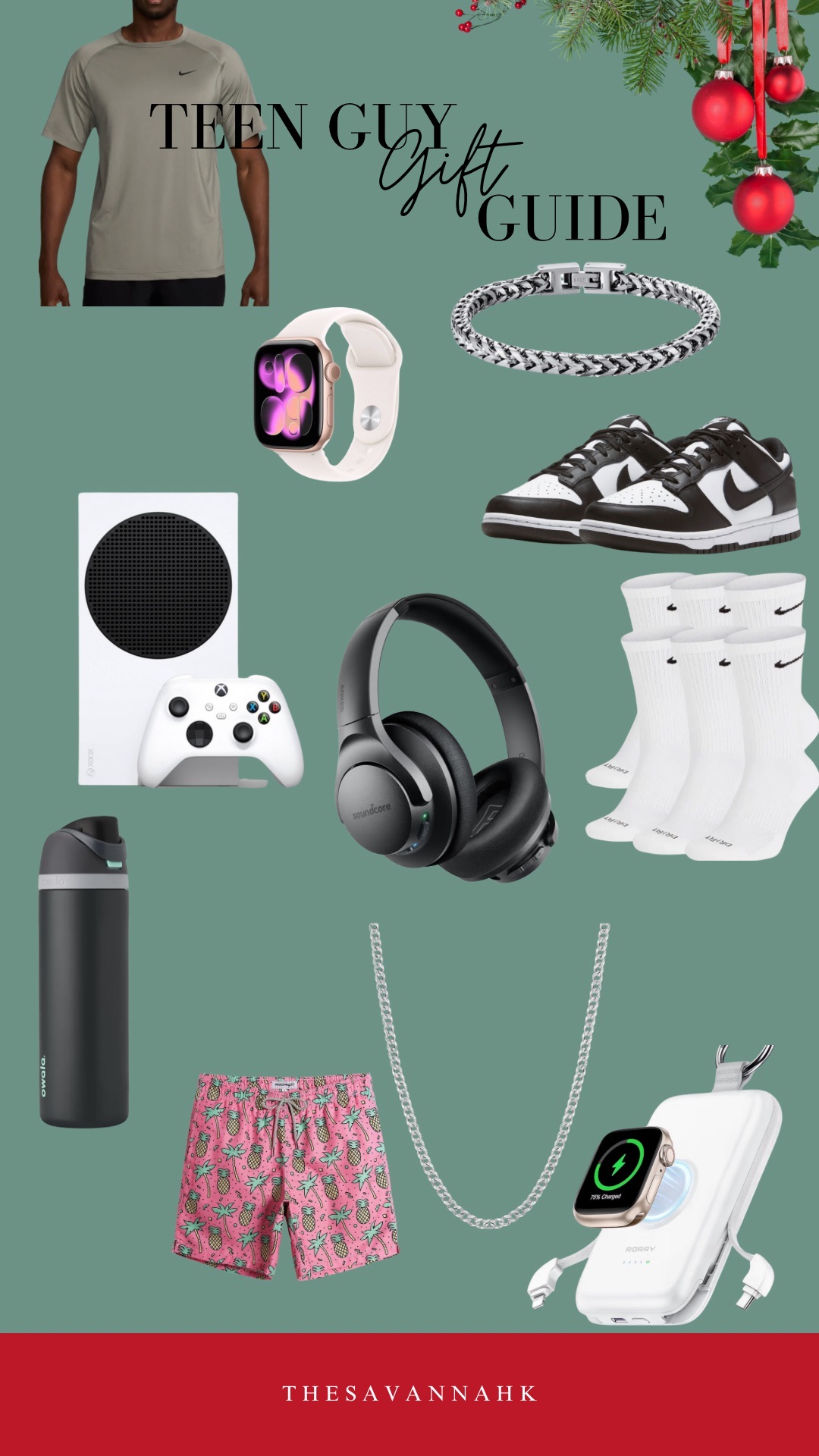 Teen boy gift guide with Nike shirt, sneakers, headphones, smartwatch, gaming console, water bottle, silver chain, and shorts.