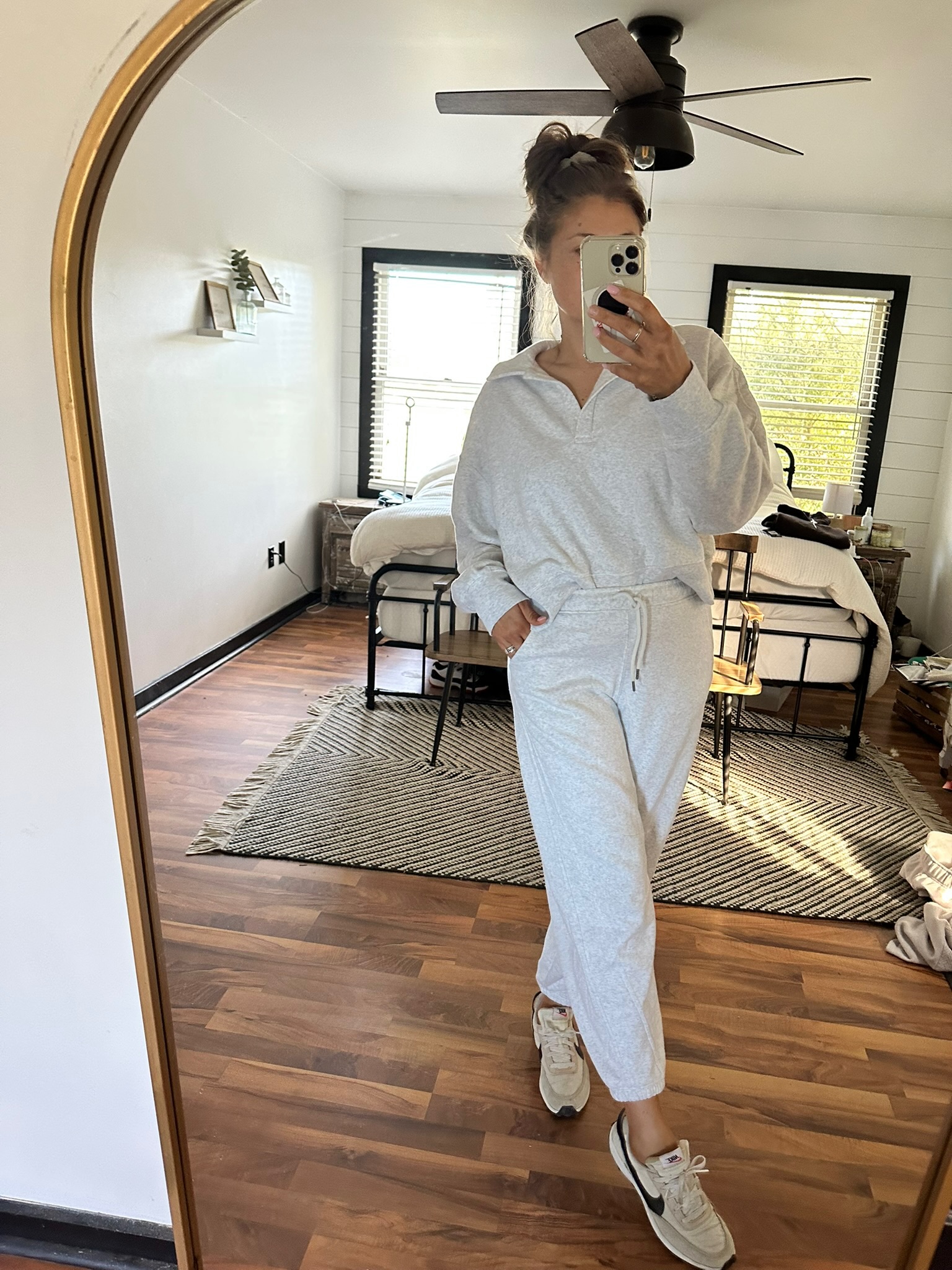 Neutral matching sweat set from Target worn at home, comfortable loungewear outfit for everyday mom life