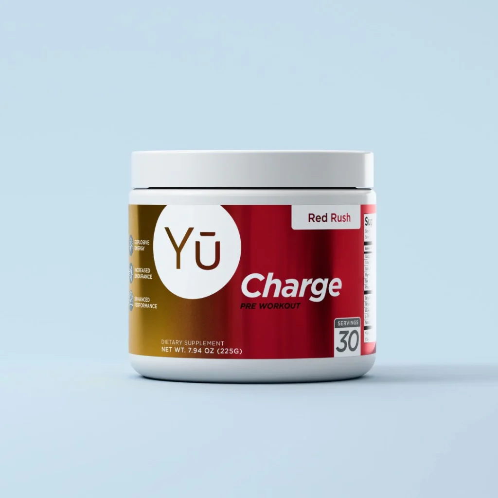 Yū Nutrition Charge pre workout supplement in Red Rush flavor, clean energy and endurance support used in a busy mom strength training and sustainable weight loss routine.