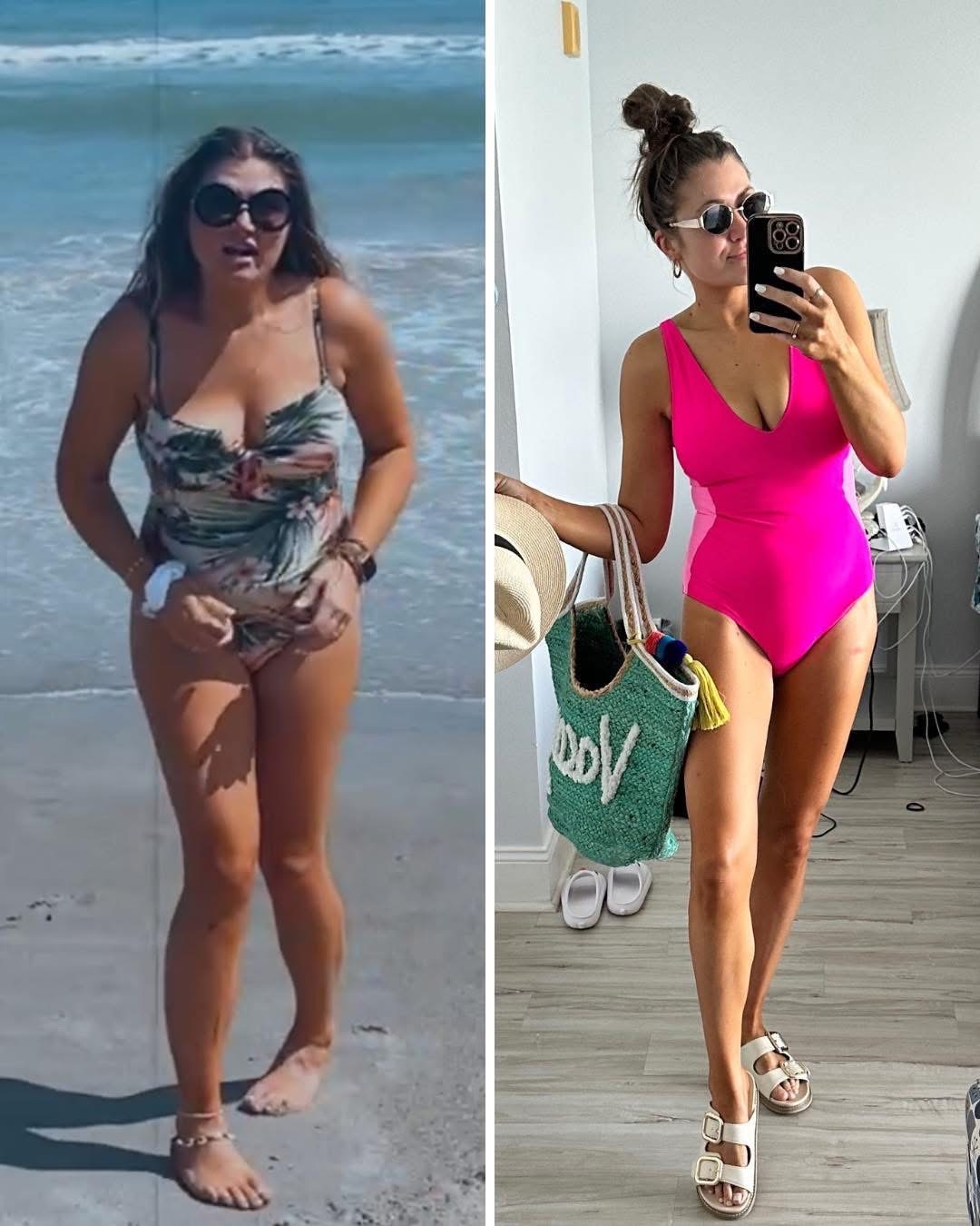 Busy mom swimsuit transformation showing before and after confidence in one piece swimsuits, highlighting a healthy lifestyle and sustainable weight loss journey.