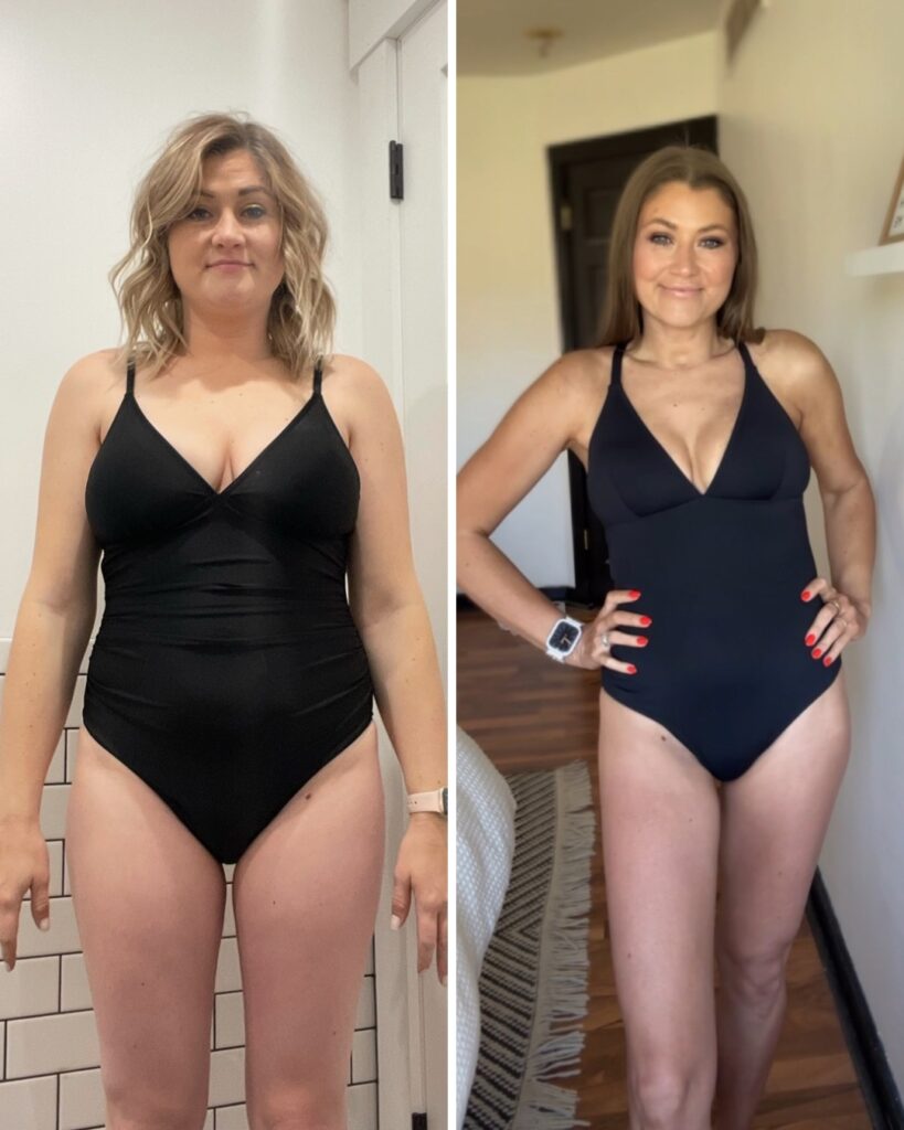 Busy mom before and after swimsuit transformation showing increased confidence and results from a sustainable weight loss and wellness journey.