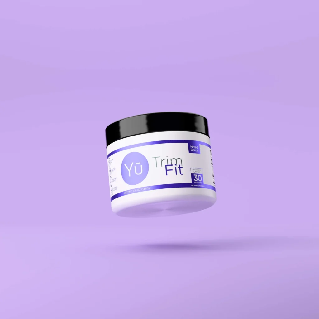 Yū Nutrition TrimFit purple tea supplement container in mixed berry flavor, metabolism support drink used in a busy mom weight loss and wellness routine.